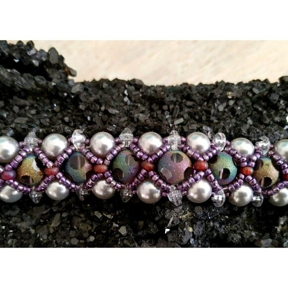 Set of Multi Color Glass Beads Faux Gray Pearl Bracelet Clip On Dangle Earrings - Picture 4 of 5